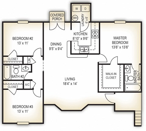 The Farmhouse 3 bedroom 2 bathroom floor plan at Dothan Farms Apartments, Dothan, AL
